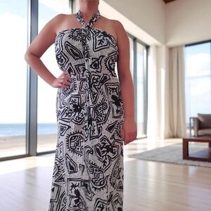 Vintage 70s HUKILAU FASHIONS Hawaiian Floral Tiki Sarong Wrap Dress Blue/Black